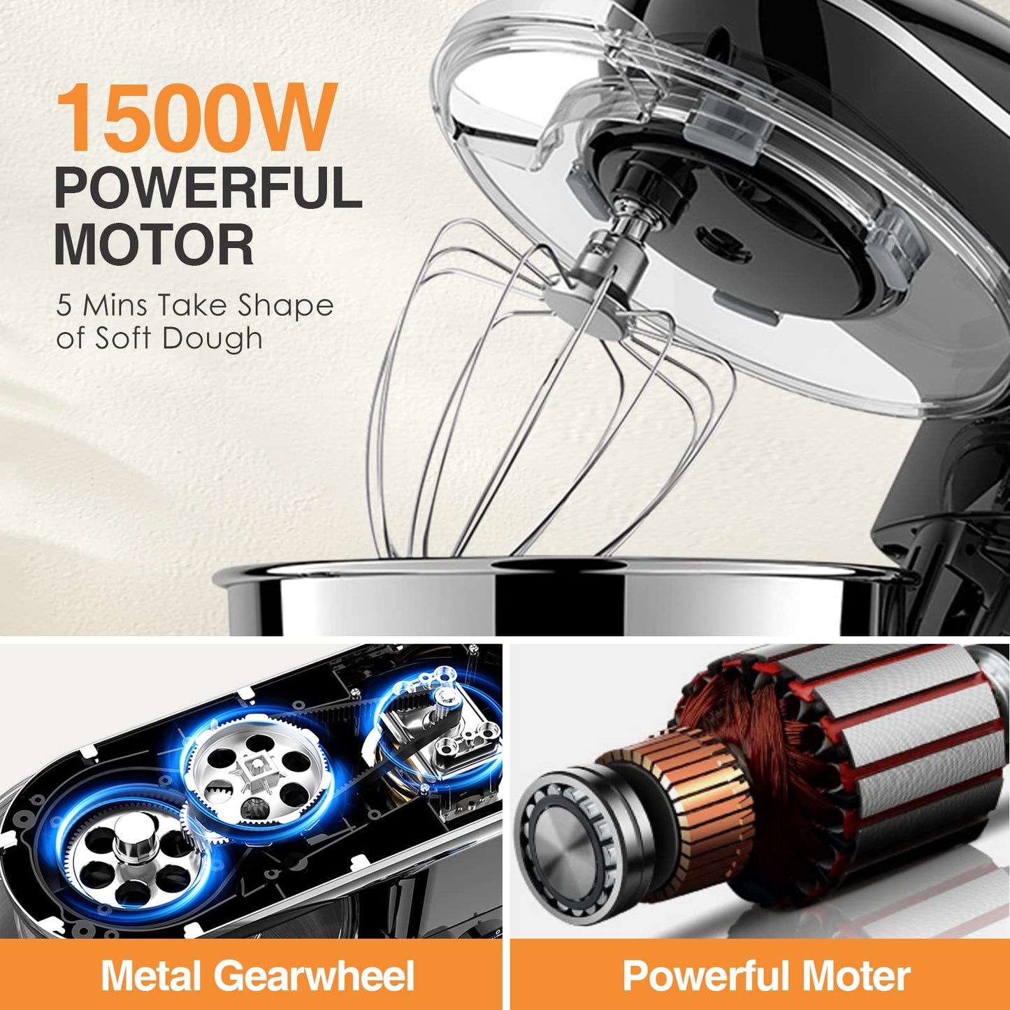 Küchenmaschine 1300,00 W 5,50 l Schüssel Mixer, vielseitigeinsetzbar, Flexiruhrer, 10 Geschwindigkeitsstufen